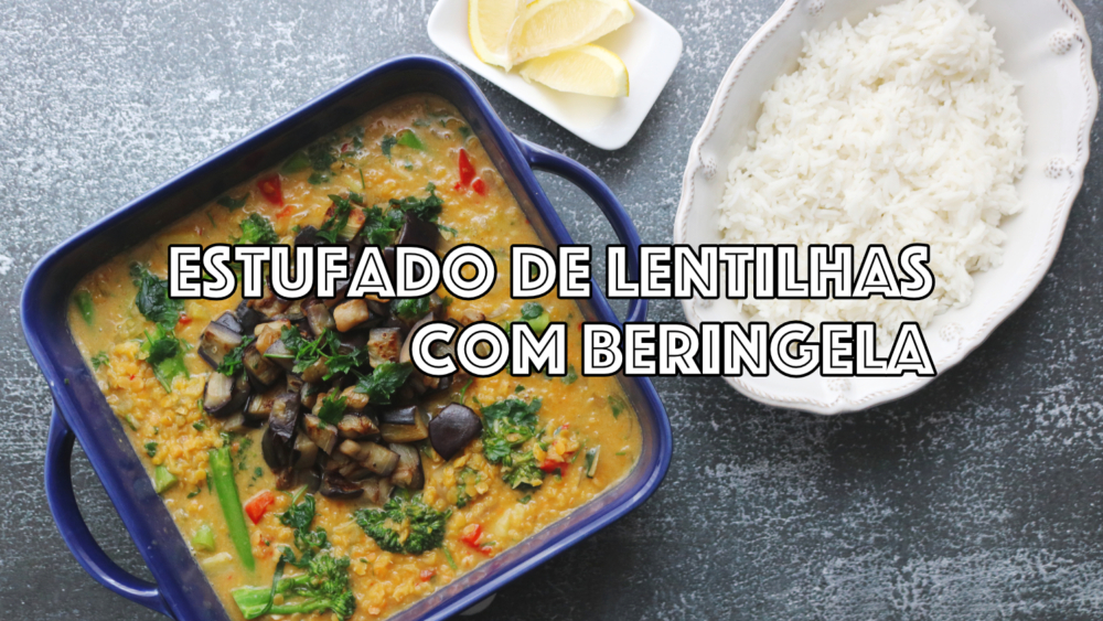 estufado de lentilhas e beringela com arroz e fatias de limão