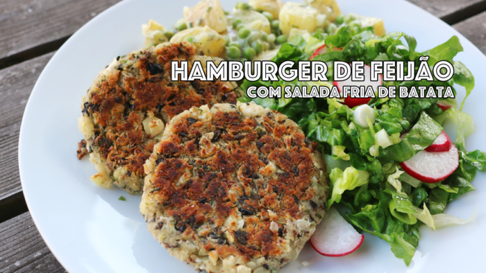 hamburgueres de feijao branco com azeitonas e salada fria de batata e ervilhas